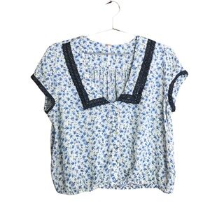 Free People Ana Lace Trim Floral Boho Blouse Blue Cropped Top Short Sleeve